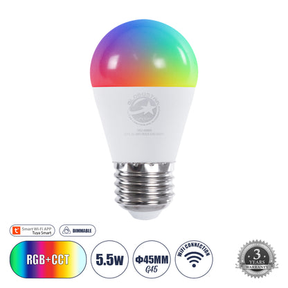 60489 Έξυπνη Λάμπα LED E27 G45 Γλομπάκι Smart Home Wifi 5.5W 550lm 260° AC 220-240V IP20 Φ4.5 x Υ8.8cm RGB+CCT - Εναλλαγή Φωτισμού & Dimming μέσω Εφαρμογής Tuya - Bridgelux Chip