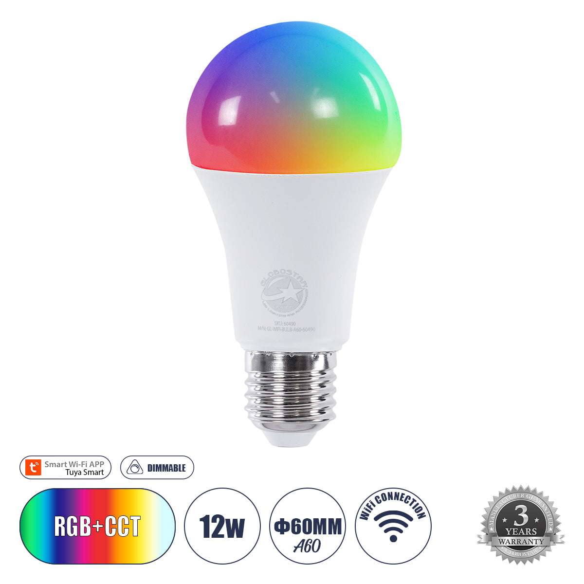 60490 Έξυπνη Λάμπα LED E27 A60 Γλόμπος Smart Home Wifi 12W 1200lm 260° AC 220-240V IP20 Φ6 x Υ12cm RGB+CCT - Εναλλαγή Φωτισμού & Dimming μέσω Εφαρμογής Tuya - Bridgelux Chip