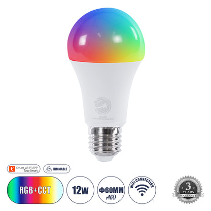 60490 Έξυπνη Λάμπα LED E27 A60 Γλόμπος Smart Home Wifi 12W 1200lm 260° AC 220-240V IP20 Φ6 x Υ12cm RGB+CCT - Εναλλαγή Φωτισμού & Dimming μέσω Εφαρμογής Tuya - Bridgelux Chip