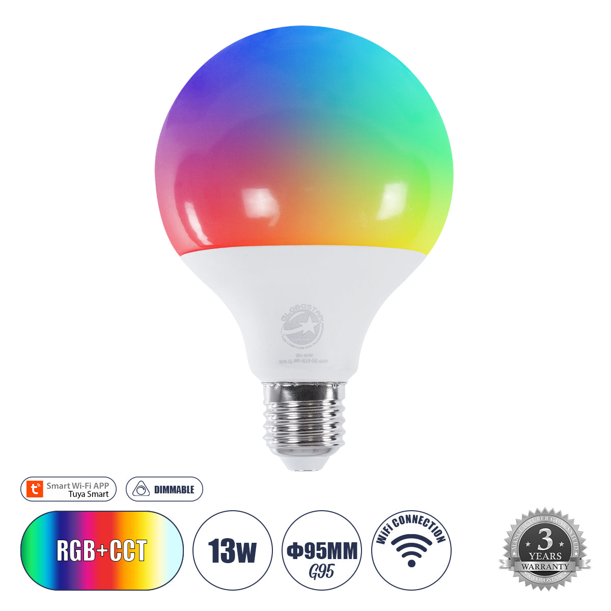 60491 Έξυπνη Λάμπα LED E27 G95 Γλόμπος Smart Home Wifi 13W 1300lm 260° AC 220-240V IP20 Φ9.5 x Υ13.5cm RGB+CCT - Εναλλαγή Φωτισμού & Dimming μέσω Εφαρμογής Tuya - Bridgelux Chip