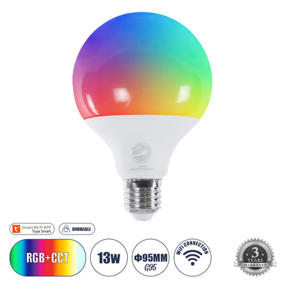 60491 Έξυπνη Λάμπα LED E27 G95 Γλόμπος Smart Home Wifi 13W 1300lm 260° AC 220-240V IP20 Φ9.5 x Υ13.5cm RGB+CCT - Εναλλαγή Φωτισμού & Dimming μέσω Εφαρμογής Tuya - Bridgelux Chip