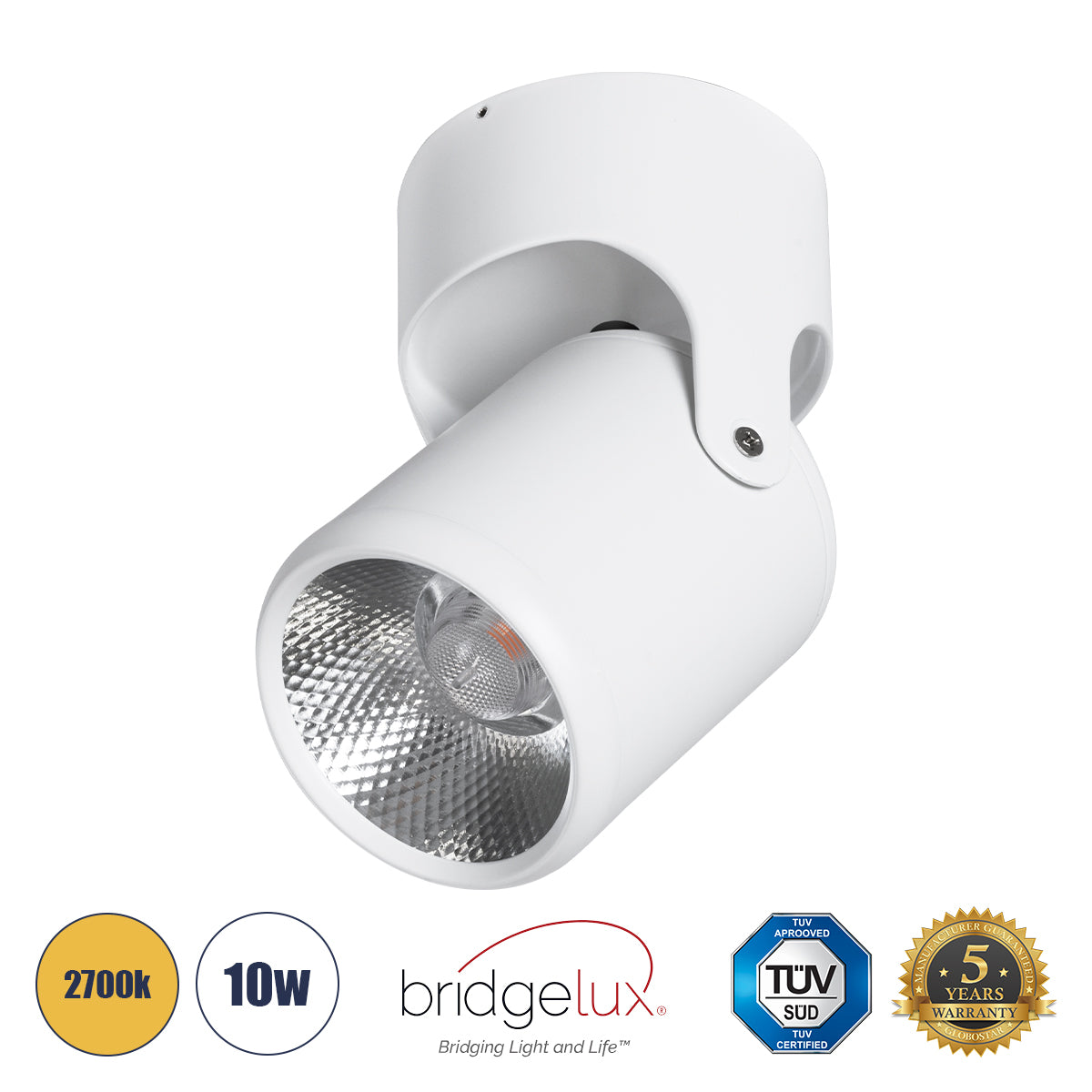 DETRONIC 60502 Κινούμενο Downlight Σποτ LED 10W 1250lm 24° AC 220-240V IP20 Θερμό Λευκό 2700K - Bridgelux COB Chip & TÜV SÜD Driver - Λευκό Ματ - Μ9 x Π9 x Υ16