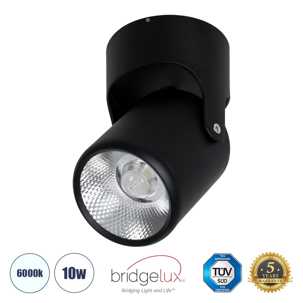 DETRONIC 60503 Επιφανειακό Κινούμενο Spot Downlight LED 10W 1350lm 24° AC 220-240V IP20 Φ9cm x Υ16cm - Στρόγγυλο - Μαύρο - Ψυχρό Λευκό 6000K - Bridgelux COB - TÜV Certified Driver