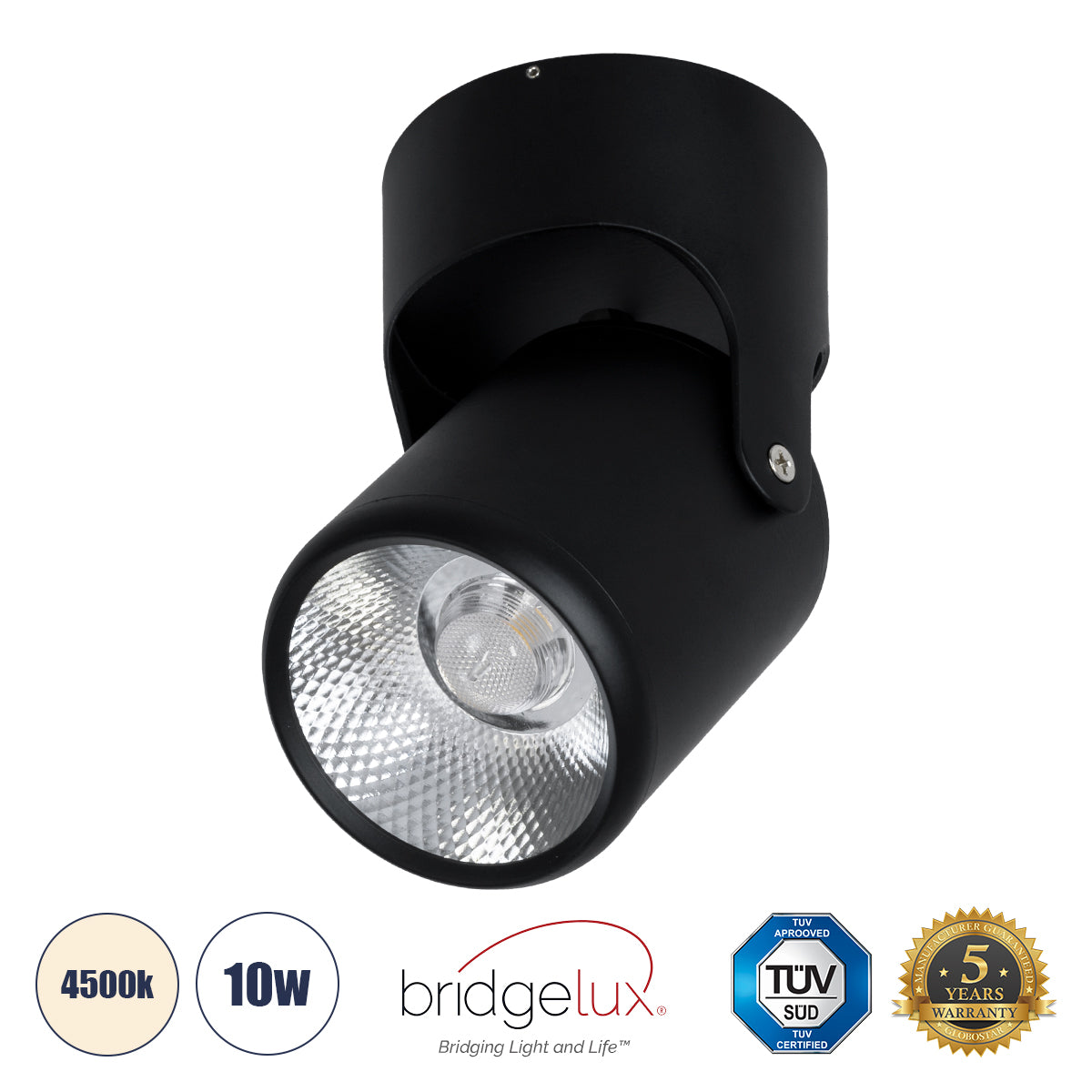 DETRONIC 60504 Επιφανειακό Κινούμενο Spot Downlight LED 10W 1300lm 24° AC 220-240V IP20 Φ9cm x Υ16cm - Στρόγγυλο - Μαύρο - Φυσικό Λευκό 4500K - Bridgelux COB - TÜV Certified Driver