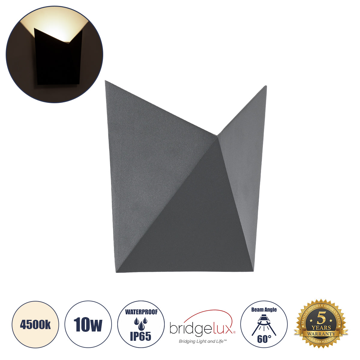 STEALTH 60522 Μοντέρνο Φωτιστικό Τοίχου - Απλίκα LED 10W 1100lm 60° AC 220-240V Αδιάβροχο IP65 Φυσικό Λευκό 4500K - Bridgelux COB Chip & TÜV SÜD Driver - Γκρι Ανθρακί Ματ - Μ17 x Π7.5 x Υ17