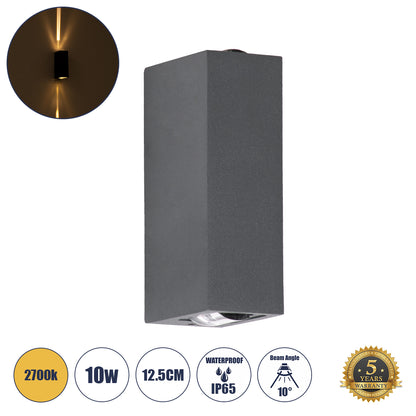 LINOR 60528 Μοντέρνο Φωτιστικό Τοίχου - Απλίκα LED 10W 1000lm 10° AC 220-240V Αδιάβροχο IP65 Θερμό Λευκό 2700K - Bridgelux COB Chip & TÜV SÜD Driver - Γκρι Ανθρακί Ματ - Μ12.5 x Π6 x Υ4