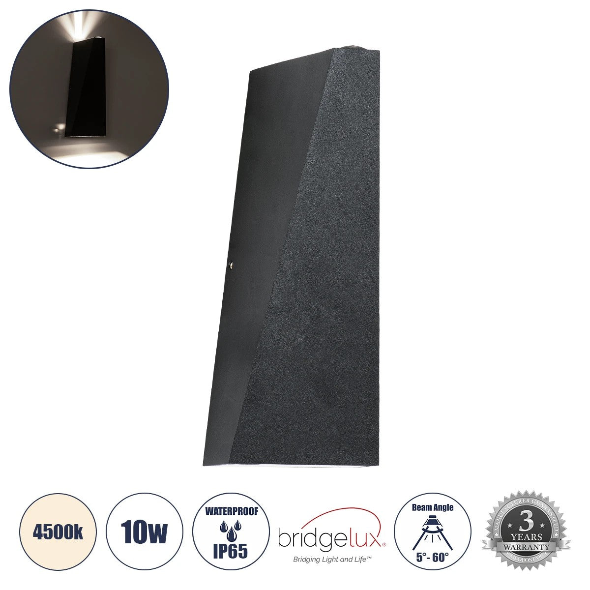 TRIANDE 60556 Φωτιστικό Τοίχου - Απλίκα Αρχιτεκτονικού Φωτισμού Εσωτερικού/Εξωτερικού Χώρου Up & Down LED 10W 1200lm 5° & 60° AC 220-240V IP65 Μ8.5 x Π8.5 x Υ20cm - Φυσικό Λευκό 4500K - Μαύρο Αλουμίνιο - Bridgelux Chip