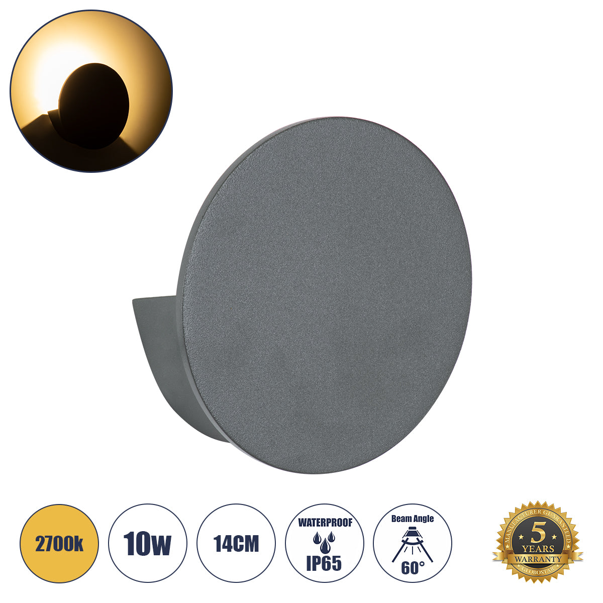 REDONDO 60573 Μοντέρνο Φωτιστικό Τοίχου - Απλίκα LED 10W 1000lm 60° AC 220-240V Αδιάβροχο IP65 Θερμό Λευκό 2700K - Bridgelux COB Chip & TÜV SÜD Driver - Γκρι Ανθρακί Ματ - Μ14 x Π14 x Υ4.5