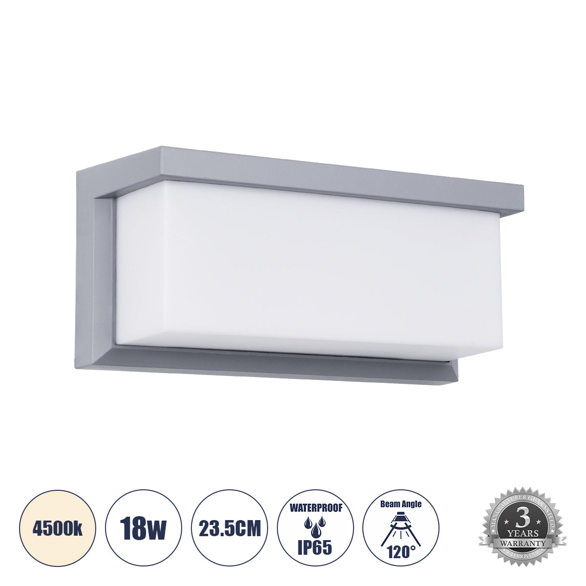 CITYSCAPE 60698 Μοντέρνο Φωτιστικό Τοίχου - Απλίκα LED 18W 1890lm 120° AC 220-240V Αδιάβροχο IP65 Φυσικό Λευκό 4500K - Bridgelux SMD Chip - Γκρι Ματ - Μ23.5 x Π11 x Υ10