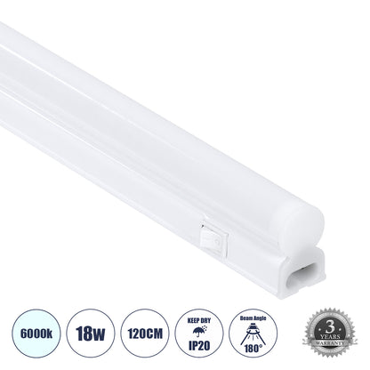 TUBO 60790 Γραμμικό Φωτιστικό Οροφής Linear LED Τύπου T5 Επεκτεινόμενο 18W 1800lm 180° AC 220-240V IP20 Πάγκου Κουζίνας με Διακόπτη On/Off Μ120 x Π2.2 x Υ3.5cm Ψυχρό Λευκό 6000K - Λευκό