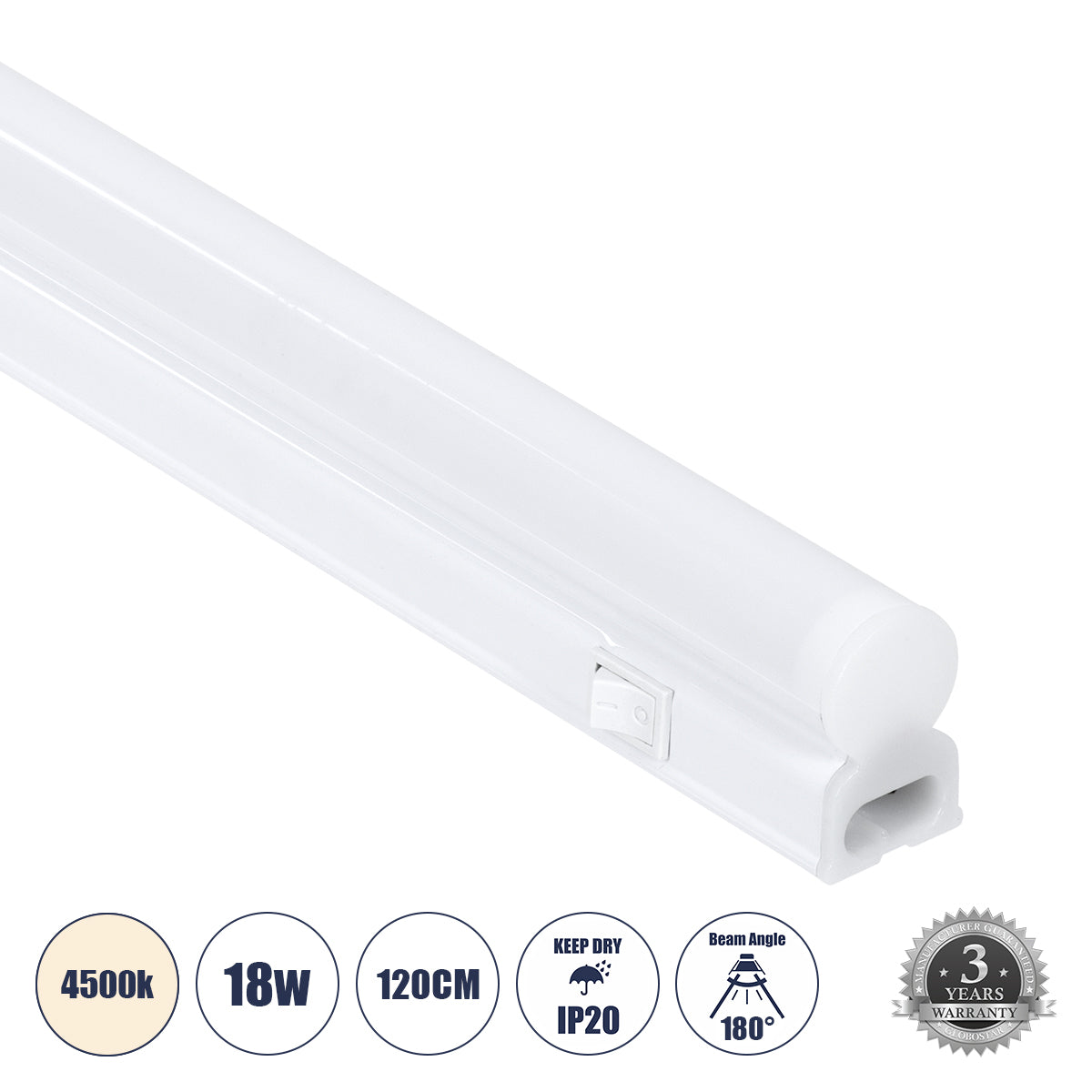 TUBO 60791 Γραμμικό Φωτιστικό Οροφής Linear LED Τύπου T5 Επεκτεινόμενο 18W 1764lm 180° AC 220-240V IP20 Πάγκου Κουζίνας με Διακόπτη On/Off Μ120 x Π2.2 x Υ3.5cm Φυσικό Λευκό 4500K - Λευκό
