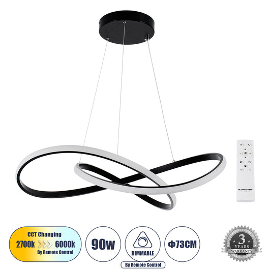 DEXTER 60913 Μοντέρνο Κρεμαστό Φωτιστικό Οροφής LED 90W 10080lm 300° AC 220-240V IP20 Ρυθμιζόμενο Λευκό CCT με Χειριστήριο από 2700K έως 6000K Dimmable - Lumileds SMD Chip - Μαύρο Ματ - Μ73 x Π73 x Υ16