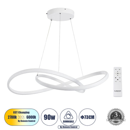 DEXTER 60914 Μοντέρνο Κρεμαστό Φωτιστικό Οροφής LED 90W 10080lm 300° AC 220-240V IP20 Ρυθμιζόμενο Λευκό CCT με Χειριστήριο από 2700K έως 6000K Dimmable - Lumileds SMD Chip - Λευκό Ματ - Μ73 x Π73 x Υ16