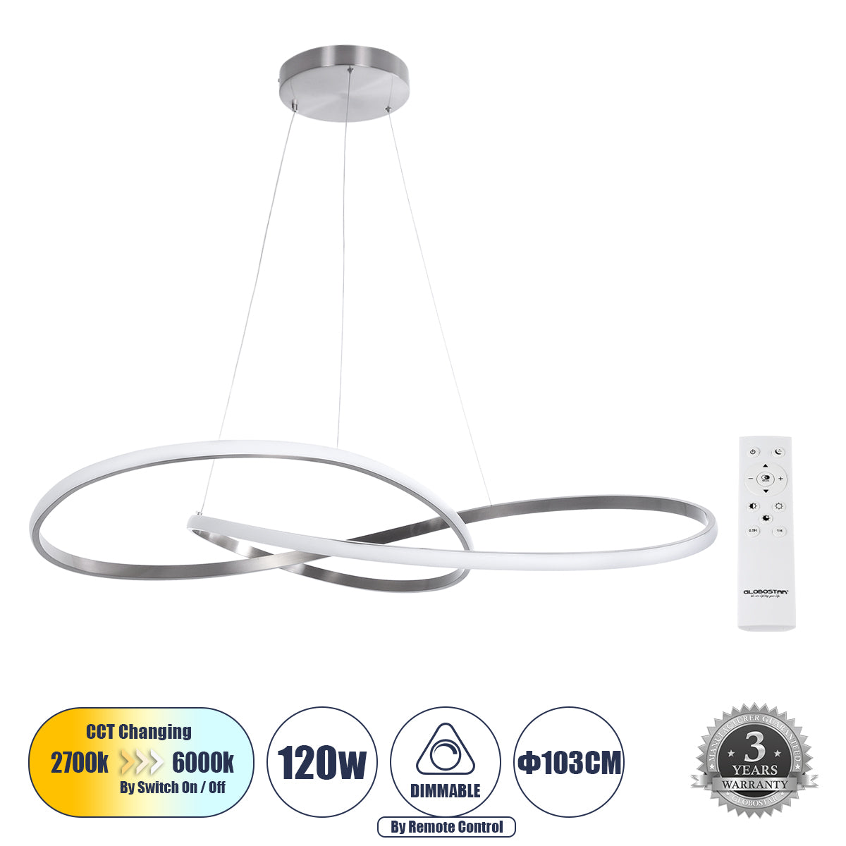 DEXTER 60919 Κρεμαστό Φωτιστικό Οροφής Design LED CCT 120W 13440lm 300° AC 220-240V - Εναλλαγή Φωτισμού μέσω Τηλεχειριστηρίου All In One Ψυχρό 6000k+Φυσικό 4500k+Θερμό 2700k Dimmable Φ103cm - Νίκελ Βούρτσας