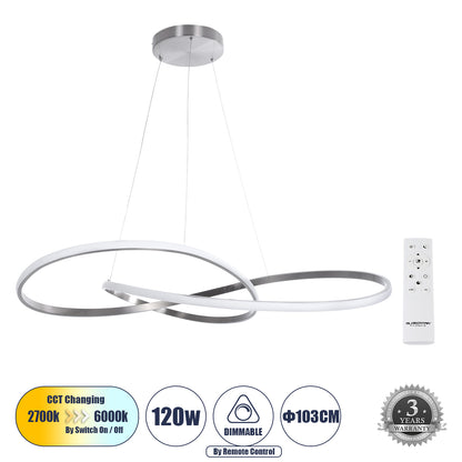 DEXTER 60919 Κρεμαστό Φωτιστικό Οροφής Design LED CCT 120W 13440lm 300° AC 220-240V - Εναλλαγή Φωτισμού μέσω Τηλεχειριστηρίου All In One Ψυχρό 6000k+Φυσικό 4500k+Θερμό 2700k Dimmable Φ103cm - Νίκελ Βούρτσας