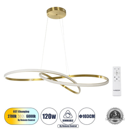 DEXTER 60920 Μοντέρνο Κρεμαστό Φωτιστικό Οροφής LED 120W 13440lm 300° AC 220-240V IP20 Ρυθμιζόμενο Λευκό CCT με Χειριστήριο από 2700K έως 6000K Dimmable - Lumileds SMD Chip - Χρυσό Βούρτσας - Μ103 x Π103 x Υ30