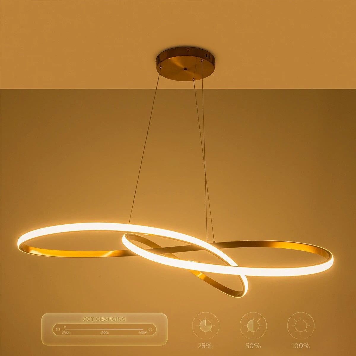 DEXTER 60920 Μοντέρνο Κρεμαστό Φωτιστικό Οροφής LED 120W 13440lm 300° AC 220-240V IP20 Ρυθμιζόμενο Λευκό CCT με Χειριστήριο από 2700K έως 6000K Dimmable - Lumileds SMD Chip - Χρυσό Βούρτσας - Μ103 x Π103 x Υ30