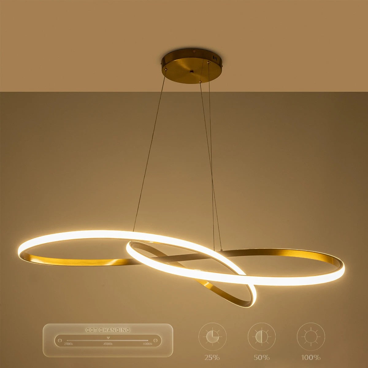 DEXTER 60920 Μοντέρνο Κρεμαστό Φωτιστικό Οροφής LED 120W 13440lm 300° AC 220-240V IP20 Ρυθμιζόμενο Λευκό CCT με Χειριστήριο από 2700K έως 6000K Dimmable - Lumileds SMD Chip - Χρυσό Βούρτσας - Μ103 x Π103 x Υ30