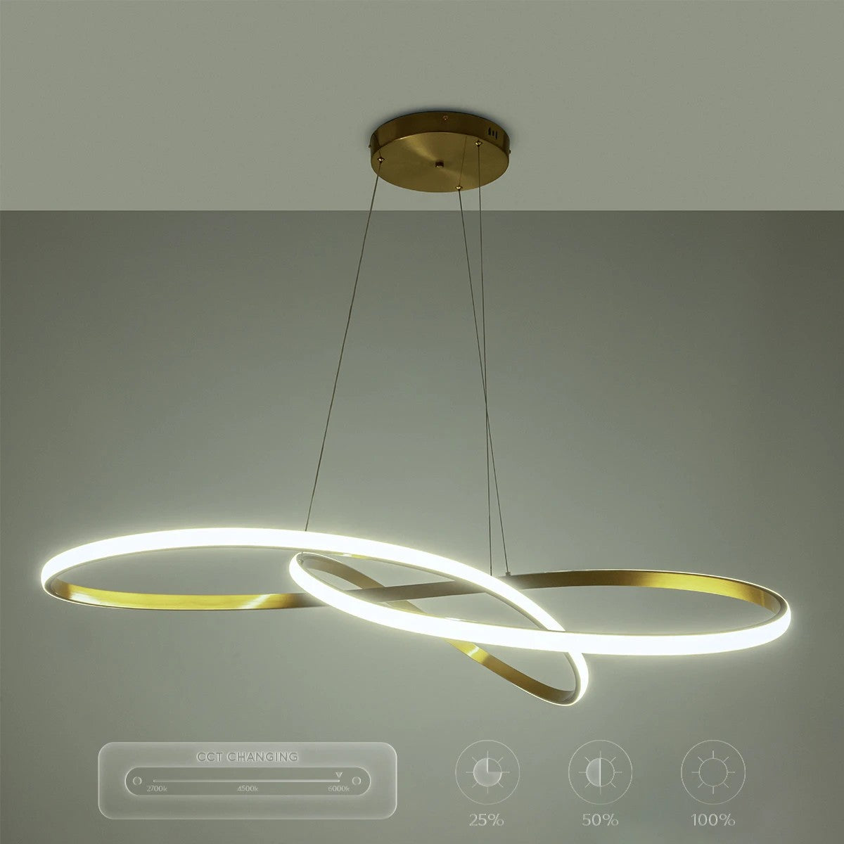 DEXTER 60920 Μοντέρνο Κρεμαστό Φωτιστικό Οροφής LED 120W 13440lm 300° AC 220-240V IP20 Ρυθμιζόμενο Λευκό CCT με Χειριστήριο από 2700K έως 6000K Dimmable - Lumileds SMD Chip - Χρυσό Βούρτσας - Μ103 x Π103 x Υ30