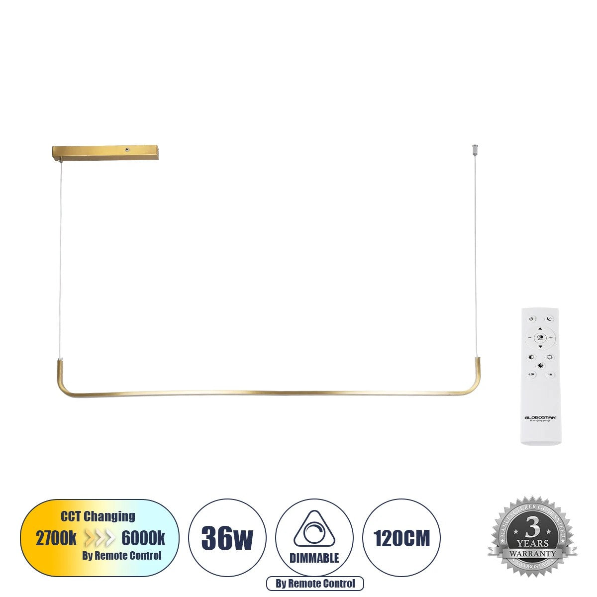 LINARIA 60923 Μοντέρνο Κρεμαστό Φωτιστικό Οροφής LED 36W 4150lm 180° AC 220-240V IP20 Ρυθμιζόμενο Λευκό CCT με Χειριστήριο από 2700K έως 6000K Dimmable - Lumileds SMD Chip - Χρυσό Βούρτσας - Μ120 x Π2 x Υ10cm