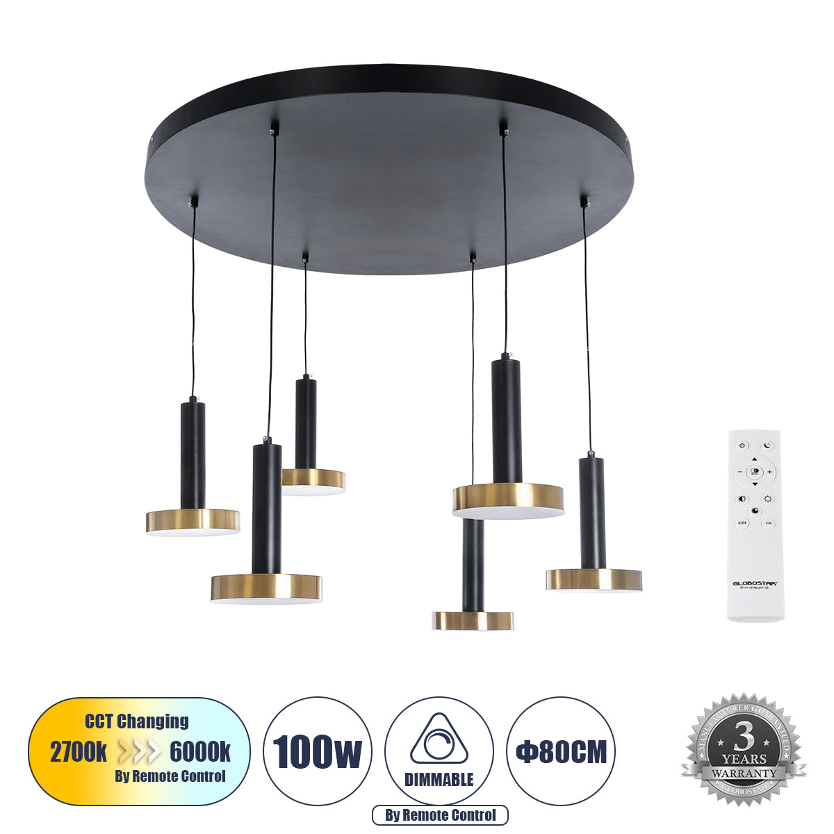 ZANE 60935 Κρεμαστό Φωτιστικό Design LED CCT 100W 11200lm 120° AC 220-240V IP20 - Εναλλαγή Φωτισμού μέσω Τηλεχειριστηρίου All In One Ψυχρό 6000k+Φυσικό 4500k+Θερμό 2700k Dimmable - Φ80 x Υ20cm - Μαύρο & Χρυσό - 3 Χρόνια Εγγύηση