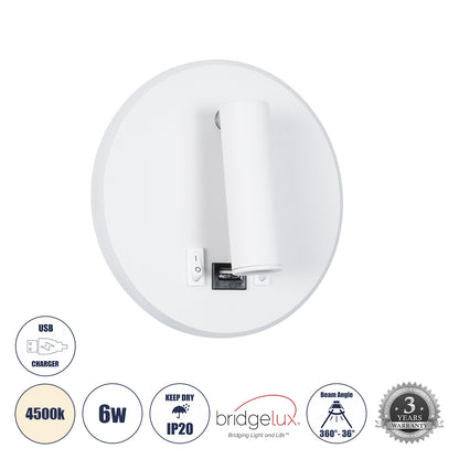 LADY-R 60939 Μοντέρνο Φωτιστικό Τοίχου - Απλίκα Ξενοδοχείου Reading Light με Φορτιστή USB 3A LED 6W 600lm 36° & 360° AC 220-240V IP20 Φυσικό Λευκό 4500K - Bridgelux COB & TÜV SÜD Driver - Λευκό Ματ - Μ15 x Π15 x Υ17