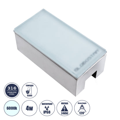 CYBOLITHOS 60951 Χωνευτό Φωτιστικό Σποτ Δαπέδου LED 4W 540lm 120° DC 24V Αδιάβροχο IP68 IK06 Μ20 x Π10 x Υ8cm 6000K Dimmable - Tempered Γαλακτερό Γυαλί & Ανοξείδωτο Ατσάλι - Bridgelux Chip