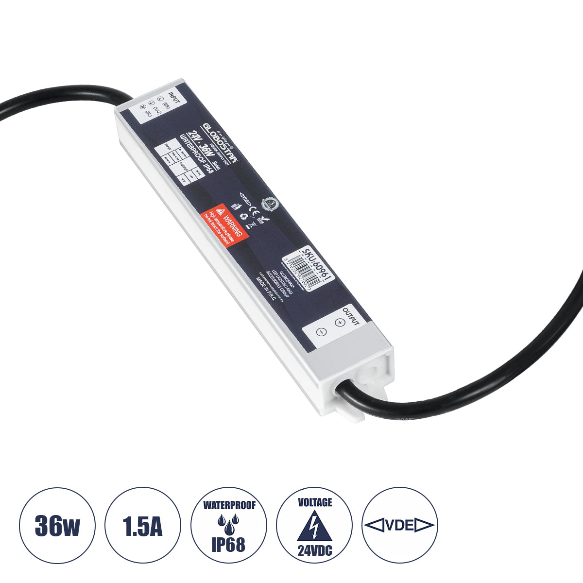 LUMISPLASH 60961 Τροφοδοτικό/Μετασχηματιστής Class II SELV 36W 1.5A DC 24V Αδιάβροχο IP68 - AC 220-240V σε DC 24V - Μ17 x Π3 x Υ2