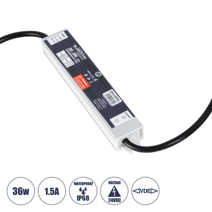 LUMISPLASH 60961 Τροφοδοτικό/Μετασχηματιστής Class II SELV 36W 1.5A DC 24V Αδιάβροχο IP68 - AC 220-240V σε DC 24V - Μ17 x Π3 x Υ2