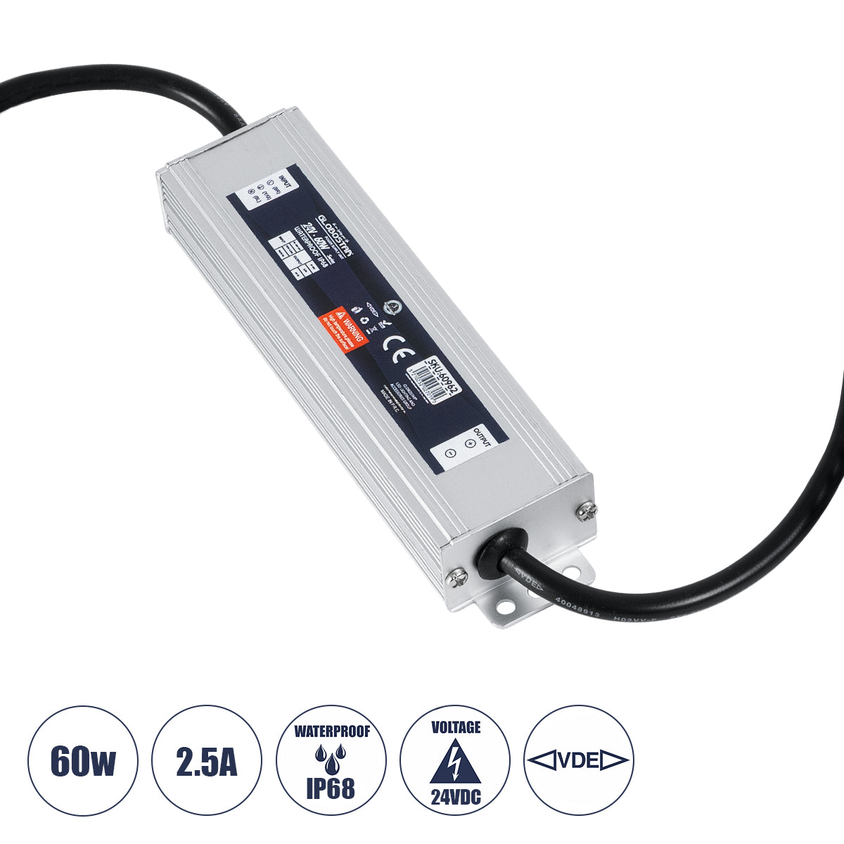 60962 Αδιάβροχο Τροφοδοτικό SELV για Προϊόντα Φωτισμού LED 60W 2.5A - AC 220-240V σε DC 24V με 1.2m VDE Καλώδιο Παροχής & Εξόδου Τροφοδοσίας - Αδιάβροχο IP68 - M15 x W3.5 x H2cm