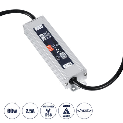 60962 Αδιάβροχο Τροφοδοτικό SELV για Προϊόντα Φωτισμού LED 60W 2.5A - AC 220-240V σε DC 24V με 1.2m VDE Καλώδιο Παροχής & Εξόδου Τροφοδοσίας - Αδιάβροχο IP68 - M15 x W3.5 x H2cm