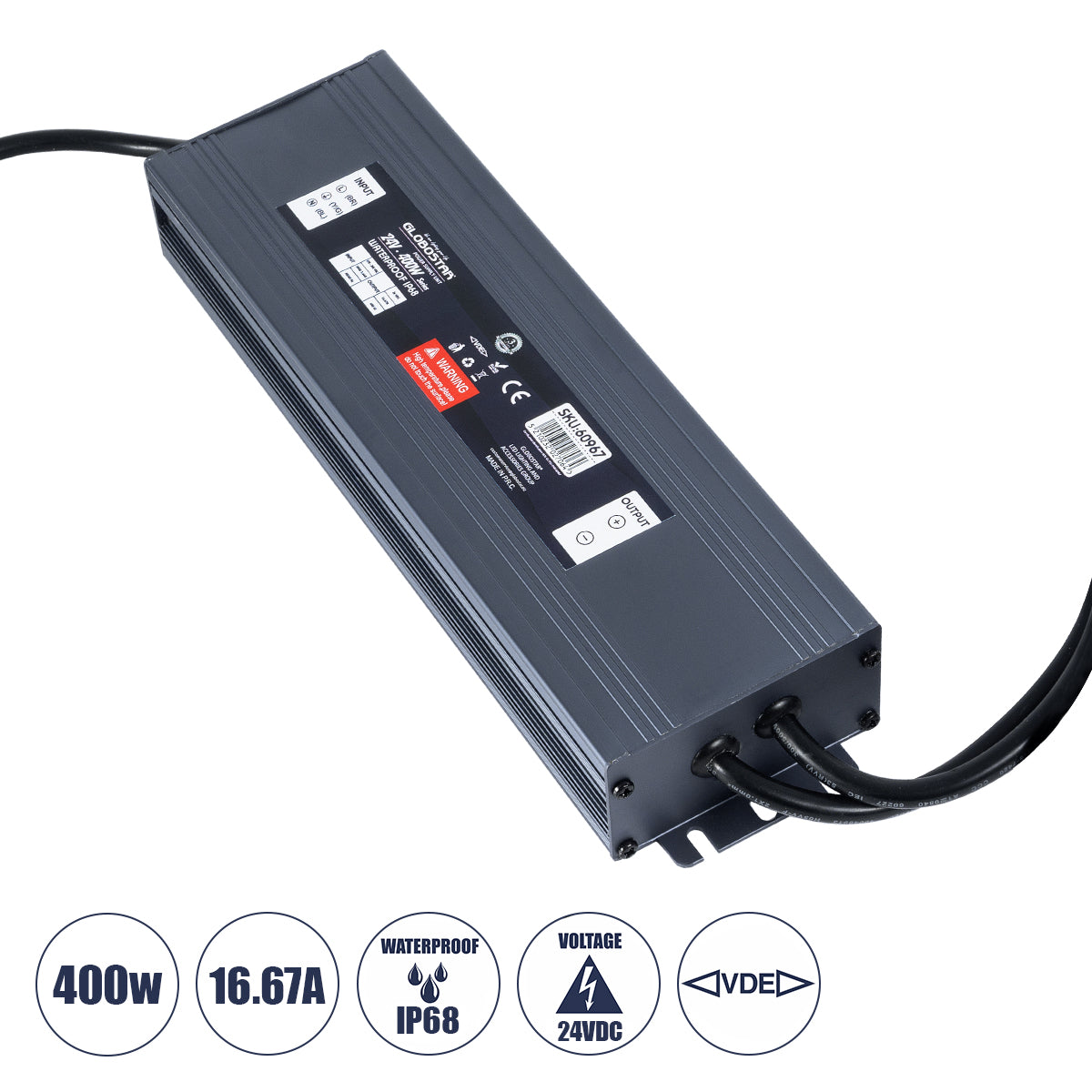 60967 Αδιάβροχο Τροφοδοτικό SELV για Προϊόντα Φωτισμού LED 400W 16.67A - AC 220-240V σε DC 24V με 1.2m VDE Καλώδιο Παροχής & Εξόδου Τροφοδοσίας - Αδιάβροχο IP68 - M25.5 x W7.5 x H4cm