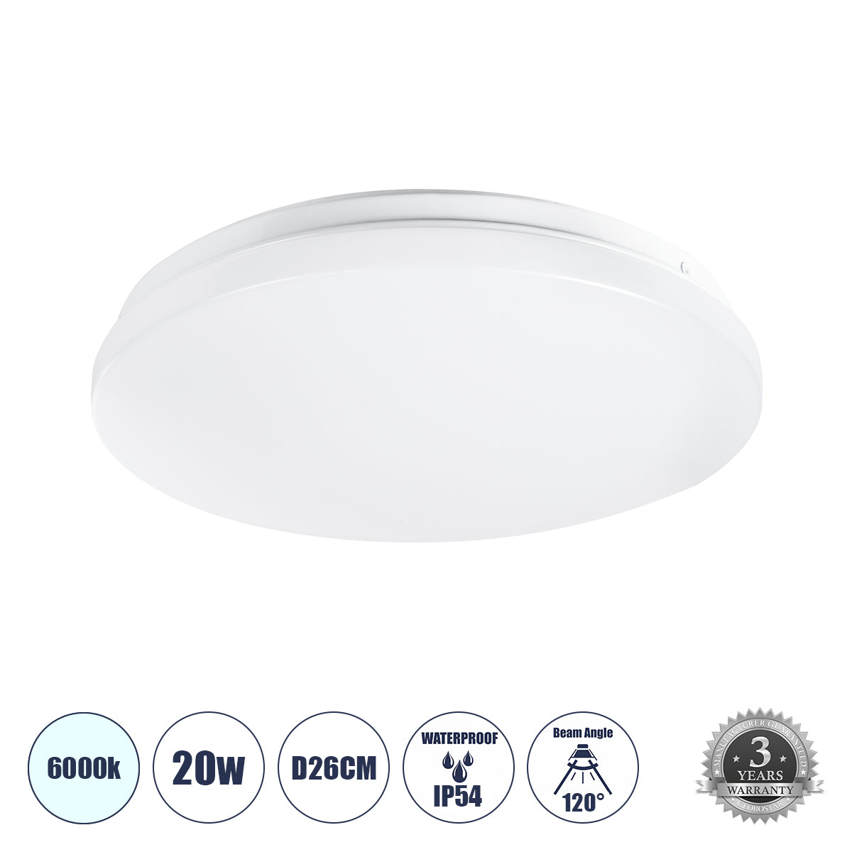 CELANO 61005 LED Πλαφονιέρα Οροφής Στρόγγυλη Φ26 20W 2000lm 120° AC 220-240V Αδιάβροχη IP54 Φ26 x Υ6cm Ψυχρό Λευκό 6000K