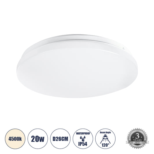 CELANO 61006 Φωτιστικό Πλαφονιέρα Οροφής LED 20W 1900lm 120° AC 220-240V Αδιάβροχο IP54 Φυσικό Λευκό 4500K - Lumileds SMD Chip - Λευκό Γαλακτερό - Μ26 x Π26 x Υ6