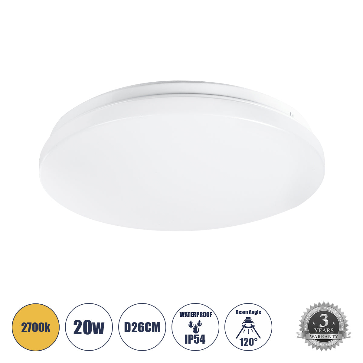 CELANO 61007 LED Πλαφονιέρα Οροφής Στρόγγυλη Φ26 20W 1800lm 120° AC 220-240V Αδιάβροχη IP54 Φ26 x Υ6cm Θερμό Λευκό 2700K