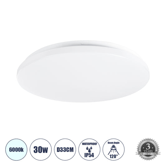 CELANO 61008 Φωτιστικό Πλαφονιέρα Οροφής LED 30W 3000lm 120° AC 220-240V Αδιάβροχο IP54 Ψυχρό Λευκό 6000K - Lumileds SMD Chip - Λευκό Γαλακτερό - Μ33 x Π33 x Υ6