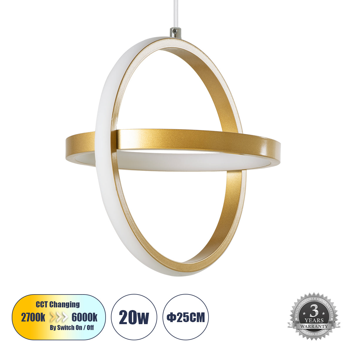 ALICE 61057 Modern LED Pendant Ceiling Light 20W 2400lm 300° AC 220-240V IP20 Dimmable White CCT with On/Off 2700K/4500K/6000K - Lumileds SMD Chip - Brushed Gold - L25 x W22 x H25