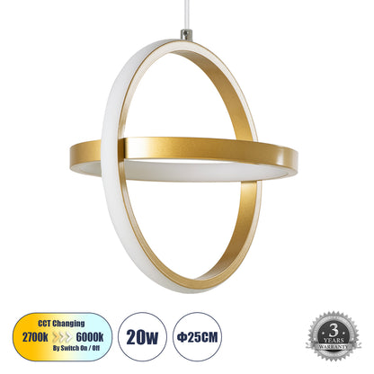ALICE 61057 Modern LED Pendant Ceiling Light 20W 2400lm 300° AC 220-240V IP20 Dimmable White CCT with On/Off 2700K/4500K/6000K - Lumileds SMD Chip - Brushed Gold - L25 x W22 x H25