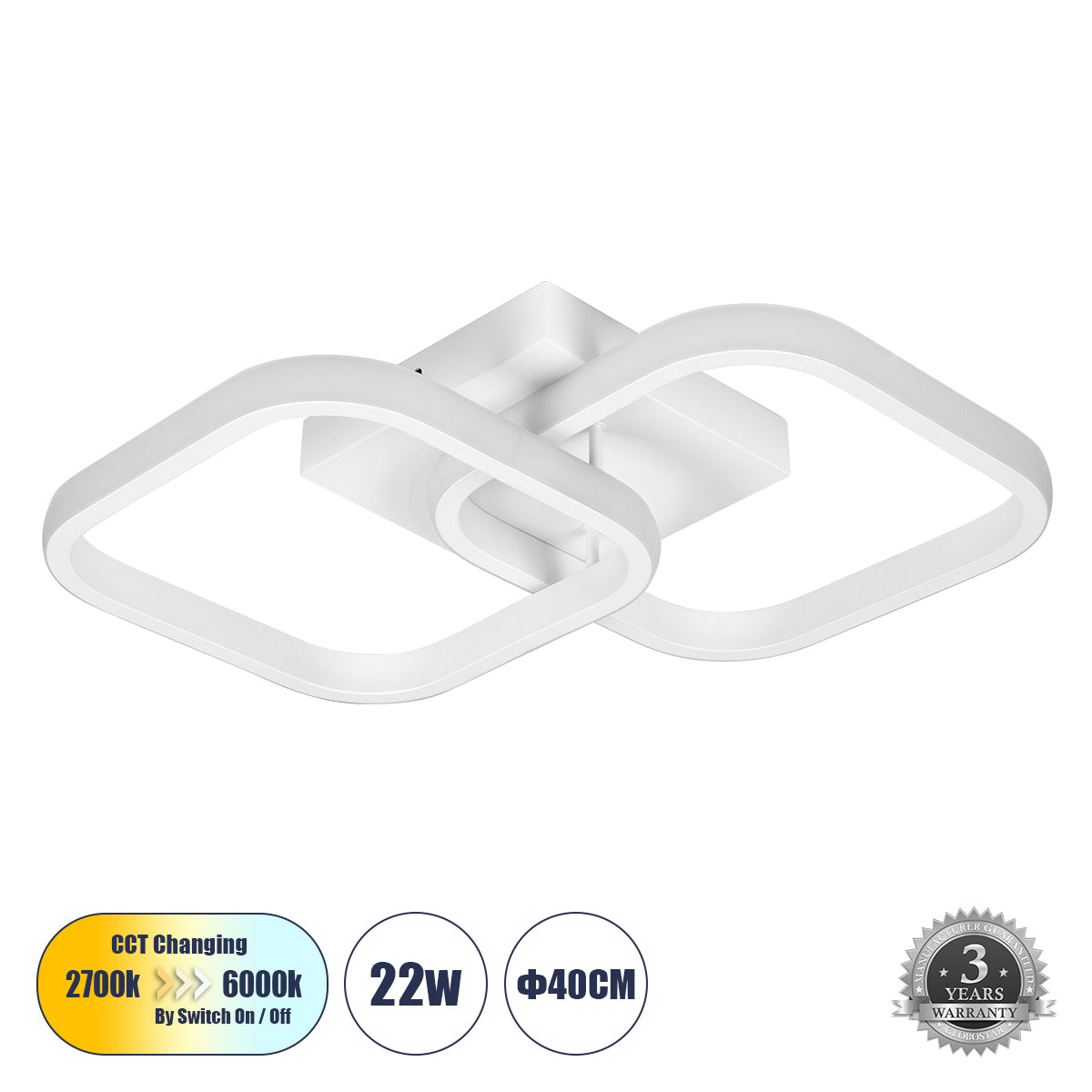 NORA 61062 Μοντέρνο Φωτιστικό Οροφής LED 22W 2640lm 300° AC 220-240V IP20 Ρυθμιζόμενο Λευκό CCT με On/Off 2700K/4500K/6000K - Lumileds SMD Chip - Λευκό Ματ - Μ40 x Π24 x Υ7
