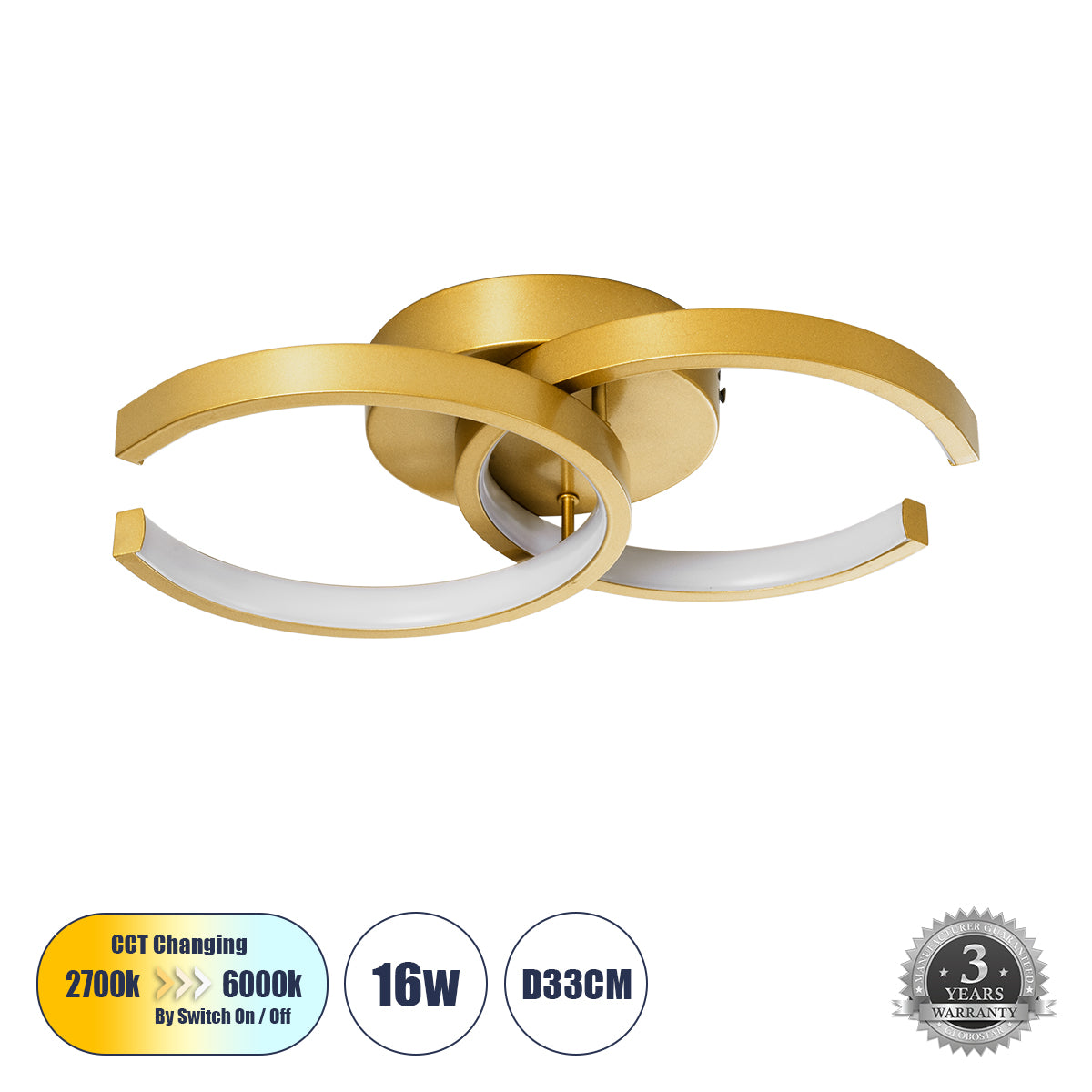 EVA 61069 Modern LED Ceiling Light 16W 1920lm 300° AC 220-240V IP20 Adjustable White CCT with On/Off 2700K/4500K/6000K - Lumileds SMD Chip - Brushed Gold - L33 x W21 x H7