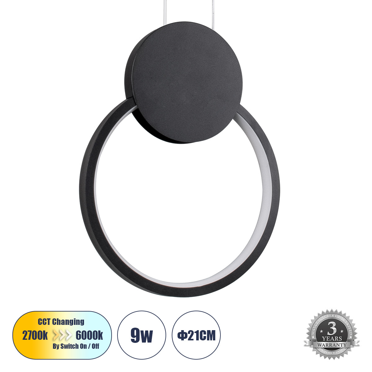 CYCLOS 61073 Κρεμαστό Φωτιστικό Οροφής Design LED CCT 9W 1080lm 300° AC 220-240V - Εναλλαγή Φωτισμού μέσω Διακόπτη On/Off All In One Ψυχρό 6000k+Φυσικό 4500k+Θερμό 2700k Μ21 x Π2.3 x Υ26.5cm - Μαύρο