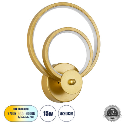 FREDDIE 61078 Modern Wall Lamp - LED Wall Sconce 15W 1080lm 300° AC 220-240V IP20 Adjustable White CCT with On/Off 2700K/4500K/6000K - Lumileds SMD Chip - Brushed Gold - L20 x W7.5 x H25