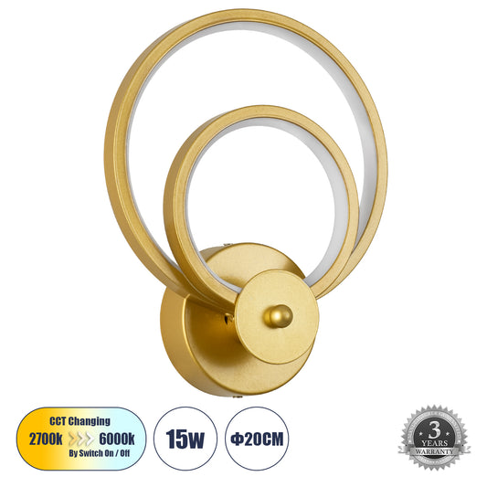 FREDDIE 61078 Μοντέρνο Φωτιστικό Τοίχου - Απλίκα LED 15W 1080lm 300° AC 220-240V IP20 Ρυθμιζόμενο Λευκό CCT με On/Off 2700K/4500K/6000K - Lumileds SMD Chip - Χρυσό Βούρτσας - Μ20 x Π7.5 x Υ25