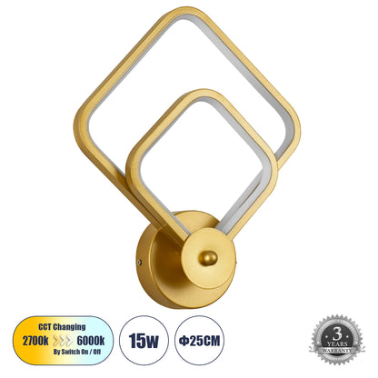 ANNA 61087 Modern Wall Light - LED Sconce 15W 1800lm 300° AC 220-240V IP20 Dimmable White CCT with On/Off 2700K/4500K/6000K - Lumileds SMD Chip - Brushed Gold - L25 x W8 x H30