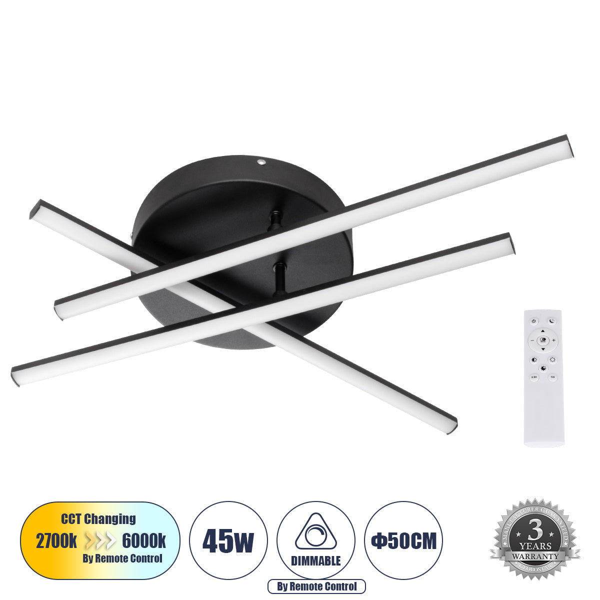 DRACO 61093 Μοντέρνο Φωτιστικό Οροφής LED 45W 5535lm 120° AC 220-240V IP20 Ρυθμιζόμενο Λευκό CCT με Χειριστήριο από 2700K έως 6000K Dimmable - Lumileds SMD Chip - Μαύρο Ματ - Μ50 x Π50 x Υ11