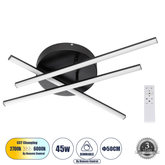 DRACO 61093 Μοντέρνο Φωτιστικό Οροφής LED 45W 5535lm 120° AC 220-240V IP20 Ρυθμιζόμενο Λευκό CCT με Χειριστήριο από 2700K έως 6000K Dimmable - Lumileds SMD Chip - Μαύρο Ματ - Μ50 x Π50 x Υ11