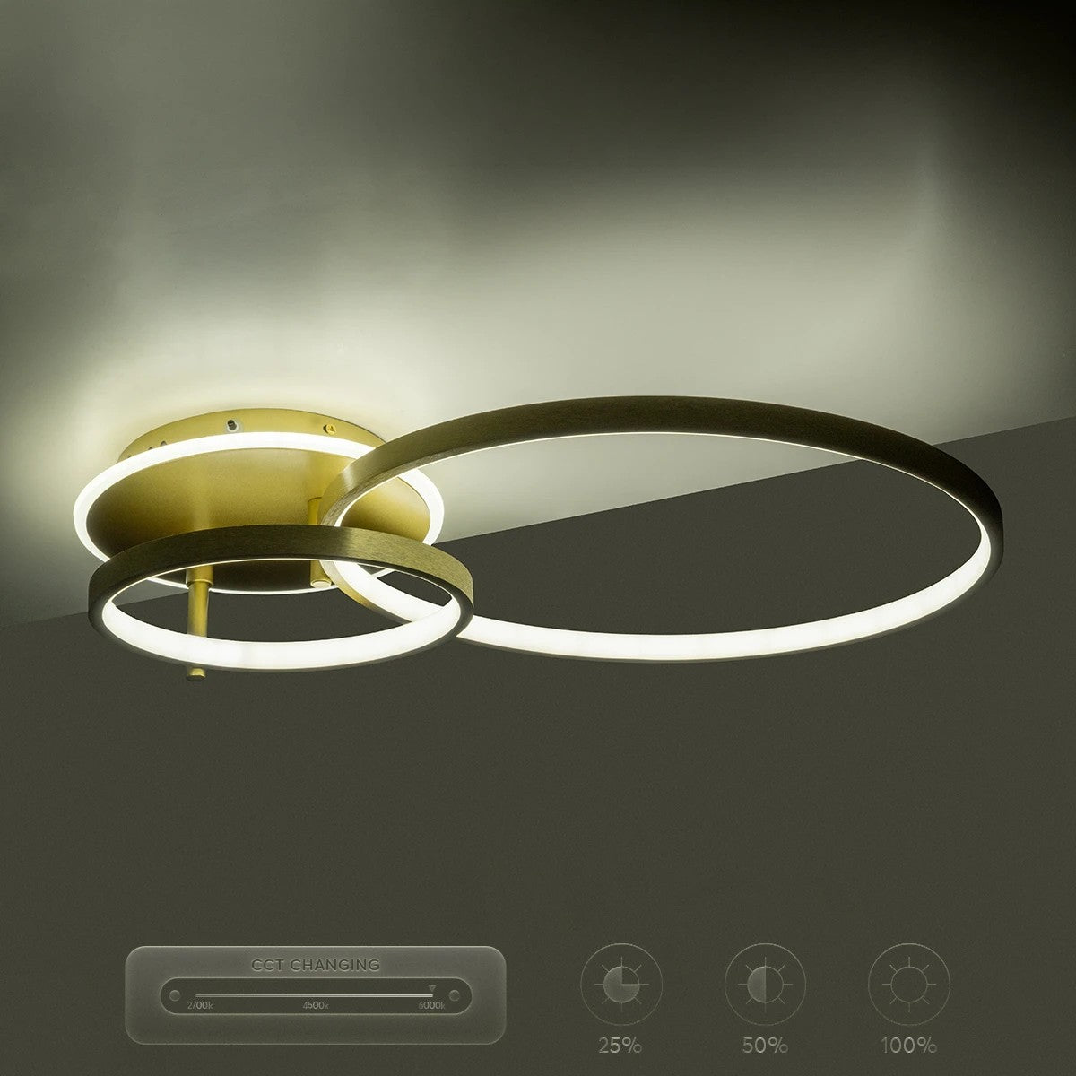 NEMESIS 61107 Μοντέρνο Φωτιστικό Οροφής LED 67W 7573lm 360° AC 220-240V IP20 Ρυθμιζόμενο Λευκό CCT με Χειριστήριο από 2700K έως 6000K Dimmable - Lumileds SMD Chip - Χρυσό Βούρτσας - Μ84 x Π45 x Υ13