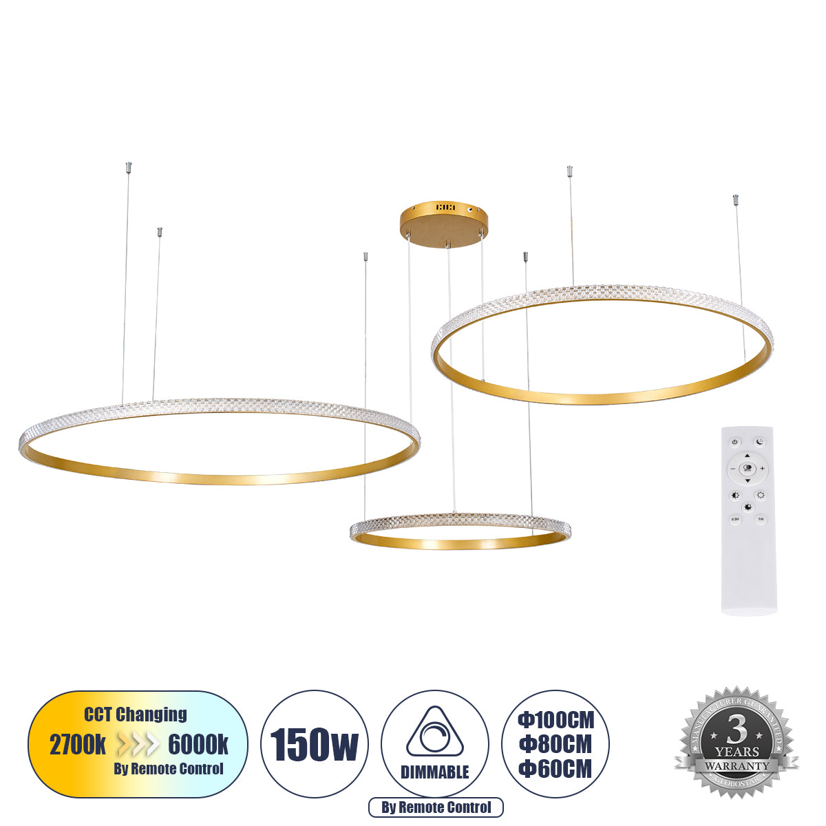 DIAMOND TRIO 61147 Μοντέρνο Κρεμαστό Φωτιστικό Οροφής LED 150W 18379lm 360° AC 220-240V IP20 Ρυθμιζόμενο Λευκό CCT με Χειριστήριο από 2700K έως 6000K Dimmable - Lumileds SMD Chip - Χρυσό Βούρτσας - Μ170 x Π170 x Υ60