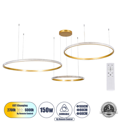 DIAMOND TRIO 61147 Μοντέρνο Κρεμαστό Φωτιστικό Οροφής LED 150W 18379lm 360° AC 220-240V IP20 Ρυθμιζόμενο Λευκό CCT με Χειριστήριο από 2700K έως 6000K Dimmable - Lumileds SMD Chip - Χρυσό Βούρτσας - Μ170 x Π170 x Υ60