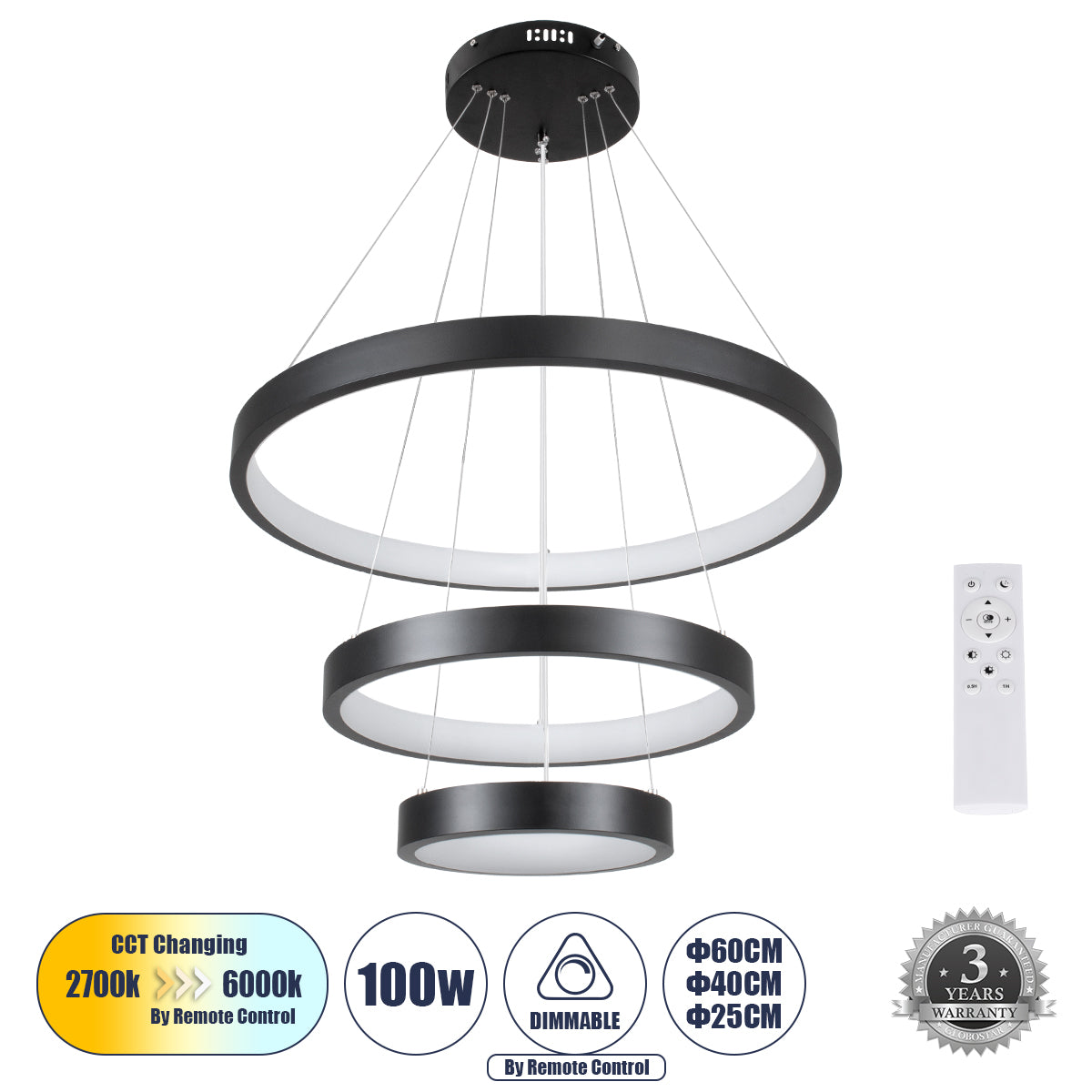 NEMESIS TRIO 61167 Μοντέρνο Κρεμαστό Φωτιστικό Οροφής LED 100W 12123lm 360° AC 220-240V IP20 Ρυθμιζόμενο Λευκό CCT με Χειριστήριο από 2700K έως 6000K Dimmable - Lumileds SMD Chip - Μαύρο Ματ - Μ60 x Π60 x Υ60
